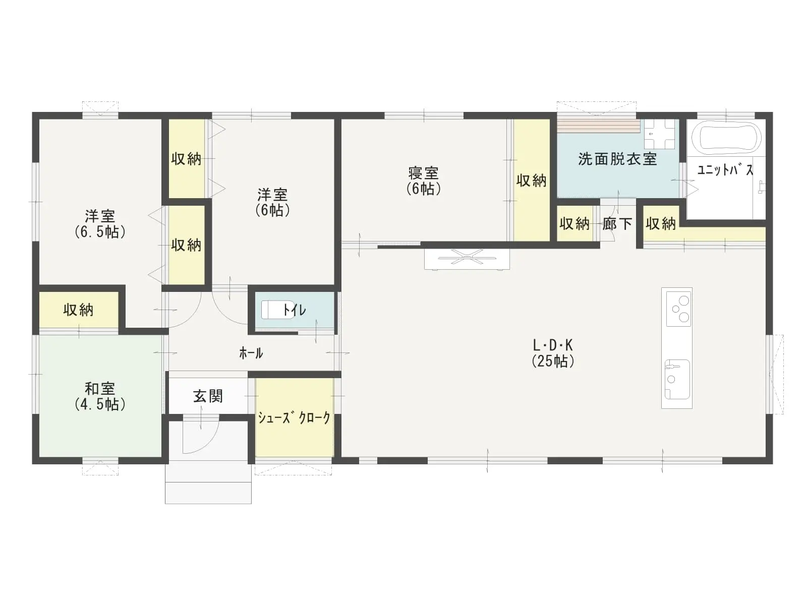 25.5帖のLDKがある平屋の間取り