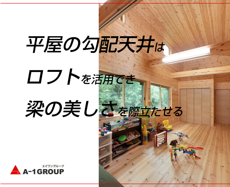 平屋の勾配天井はロフトを活用でき梁の美しさを際立たせる