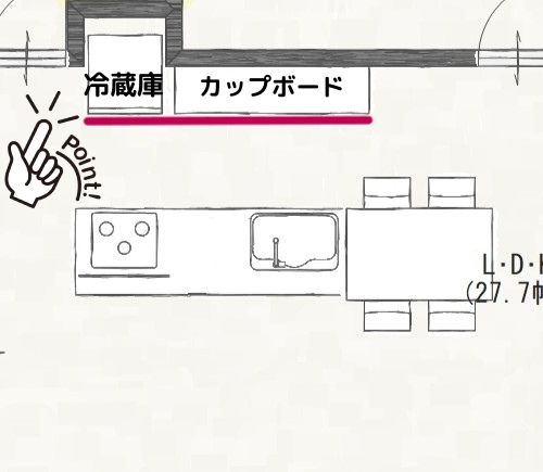 冷蔵庫とカップボードを面一に