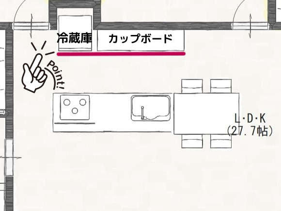 冷蔵庫とカップボードを面一に