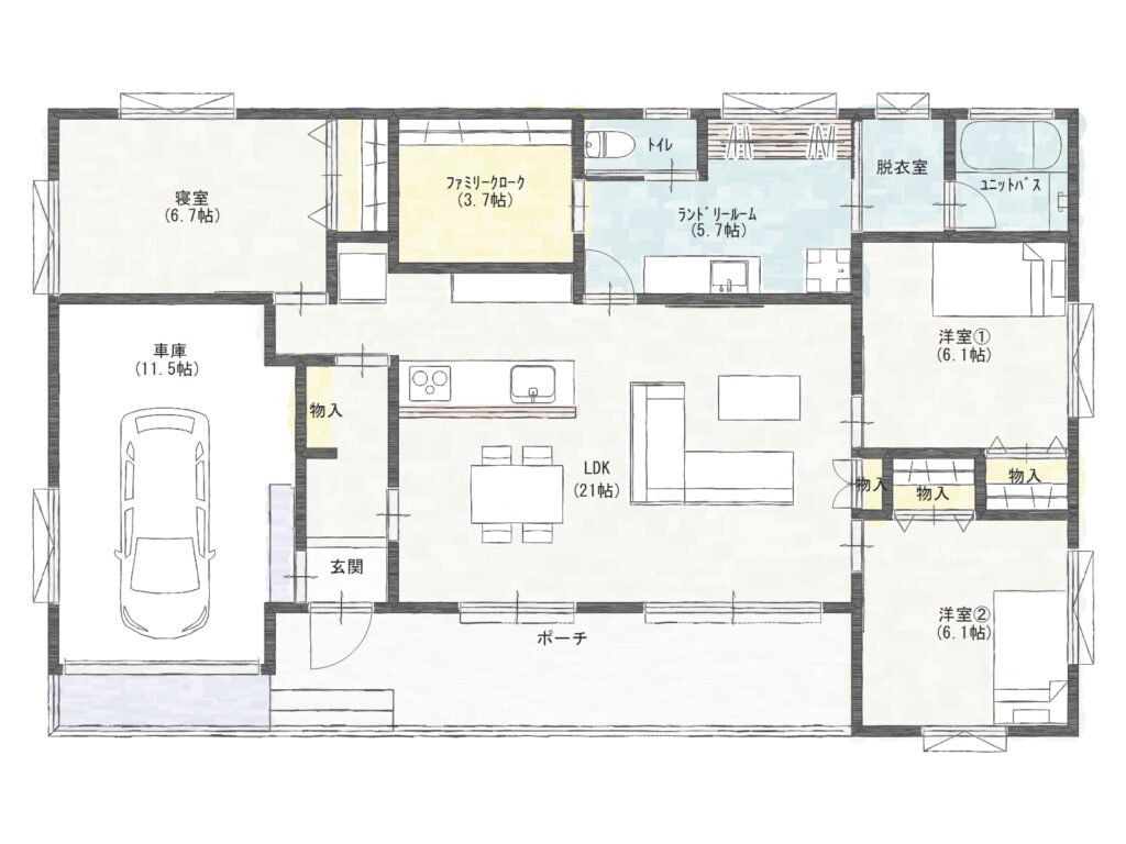 【鉾田市/完成見学会】ビルトインガレージ×深い軒×ランドリー。35坪3LDK平屋プラン