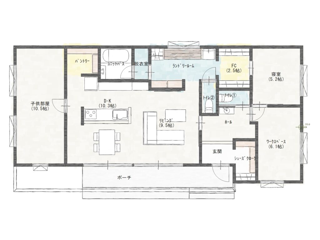 家事動線ににこだわった平屋の間取り図