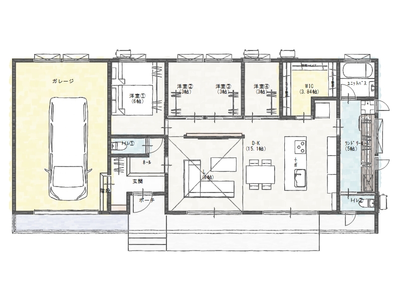 【行方市/37坪/3LDK】ビルトインガレージ×家事ラク動線の平屋【完成見学会】間取り