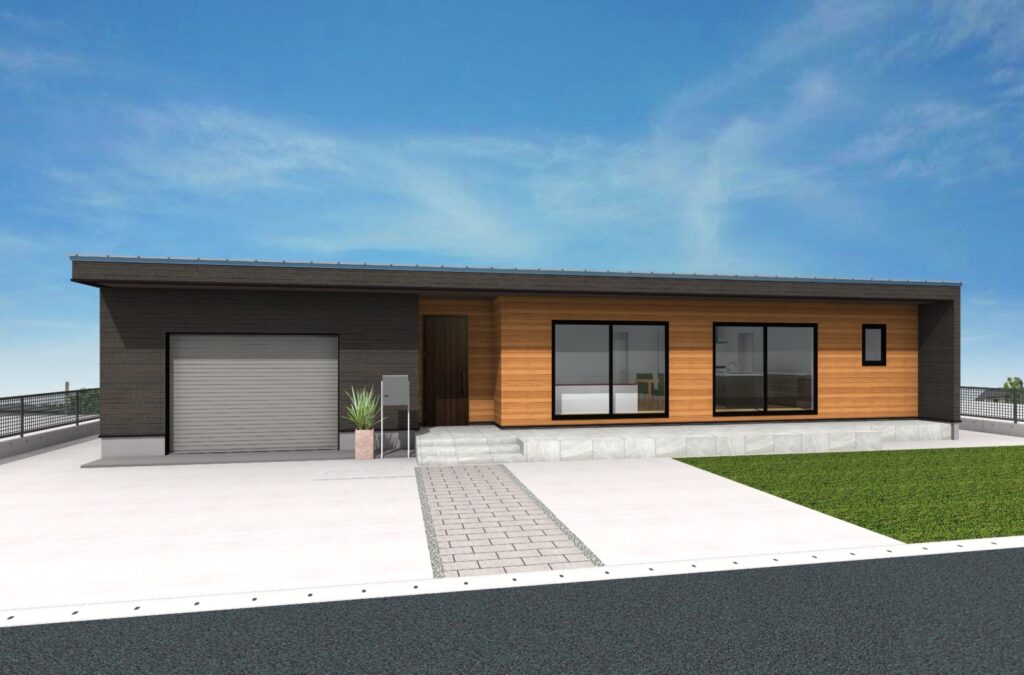 【行方市/37坪/3LDK】ビルトインガレージ×家事ラク動線の平屋【完成見学会】外観パース