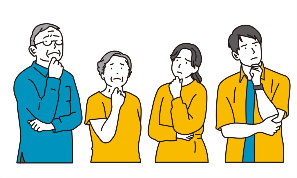 悩む若者夫婦と高齢者夫婦イメージ